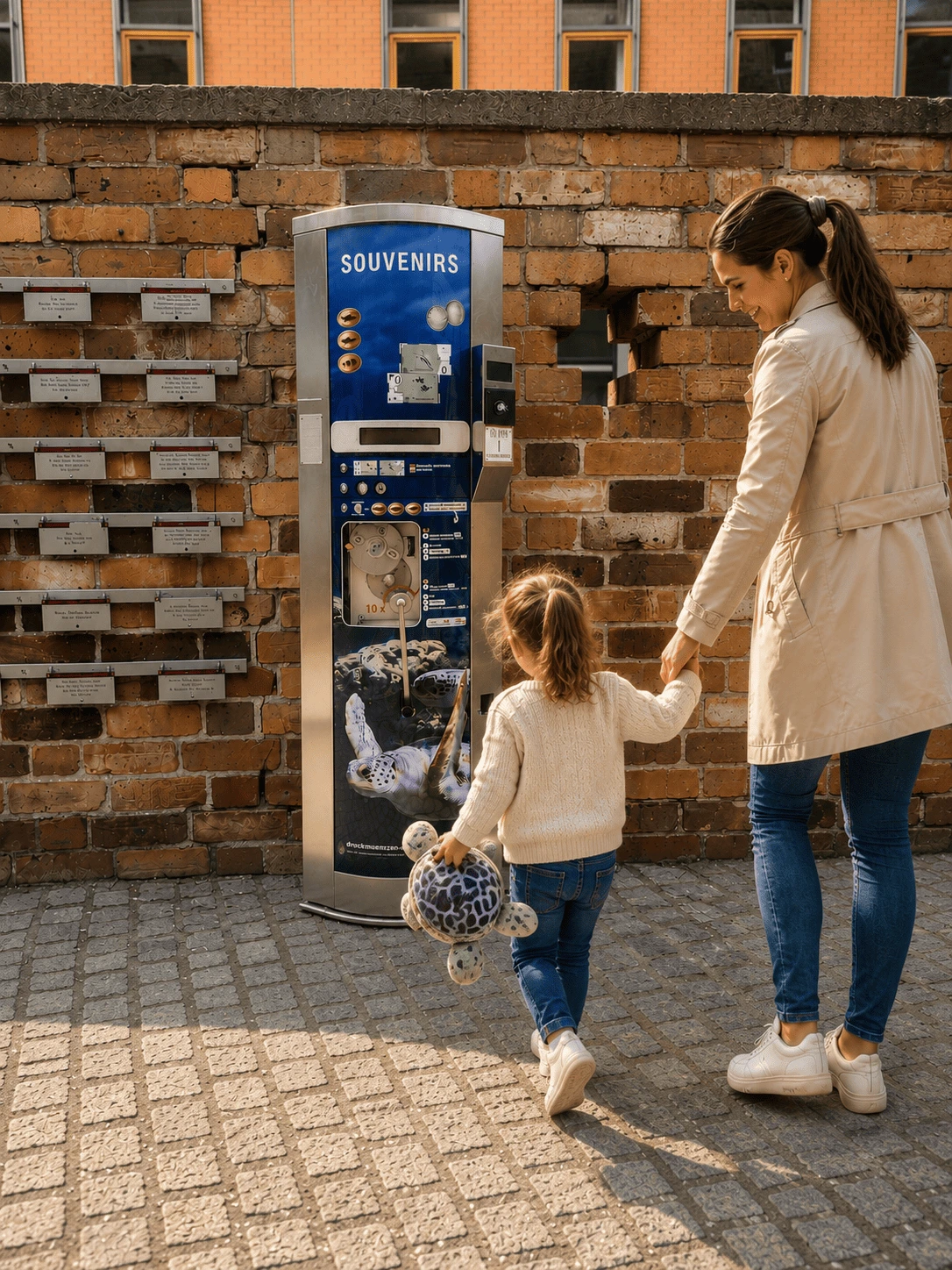 Child approaching a souvenir coin machine with turtle design