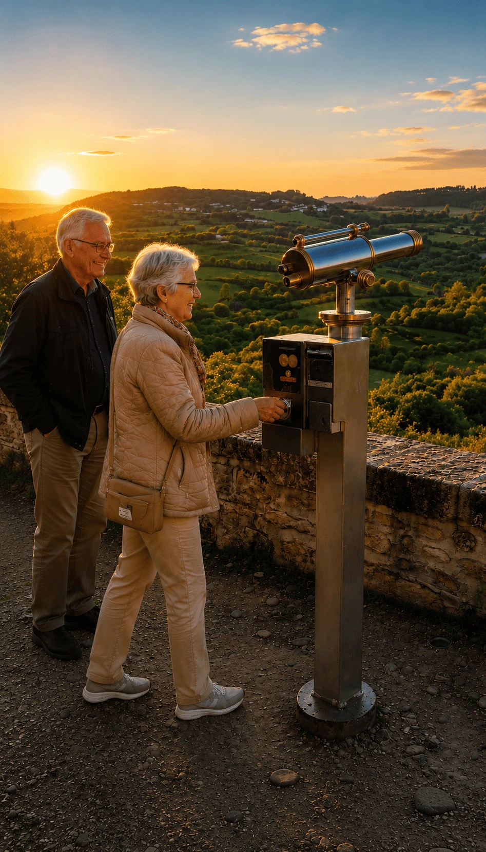 Coin-operated telescope at a scenic viewpoint during sunset