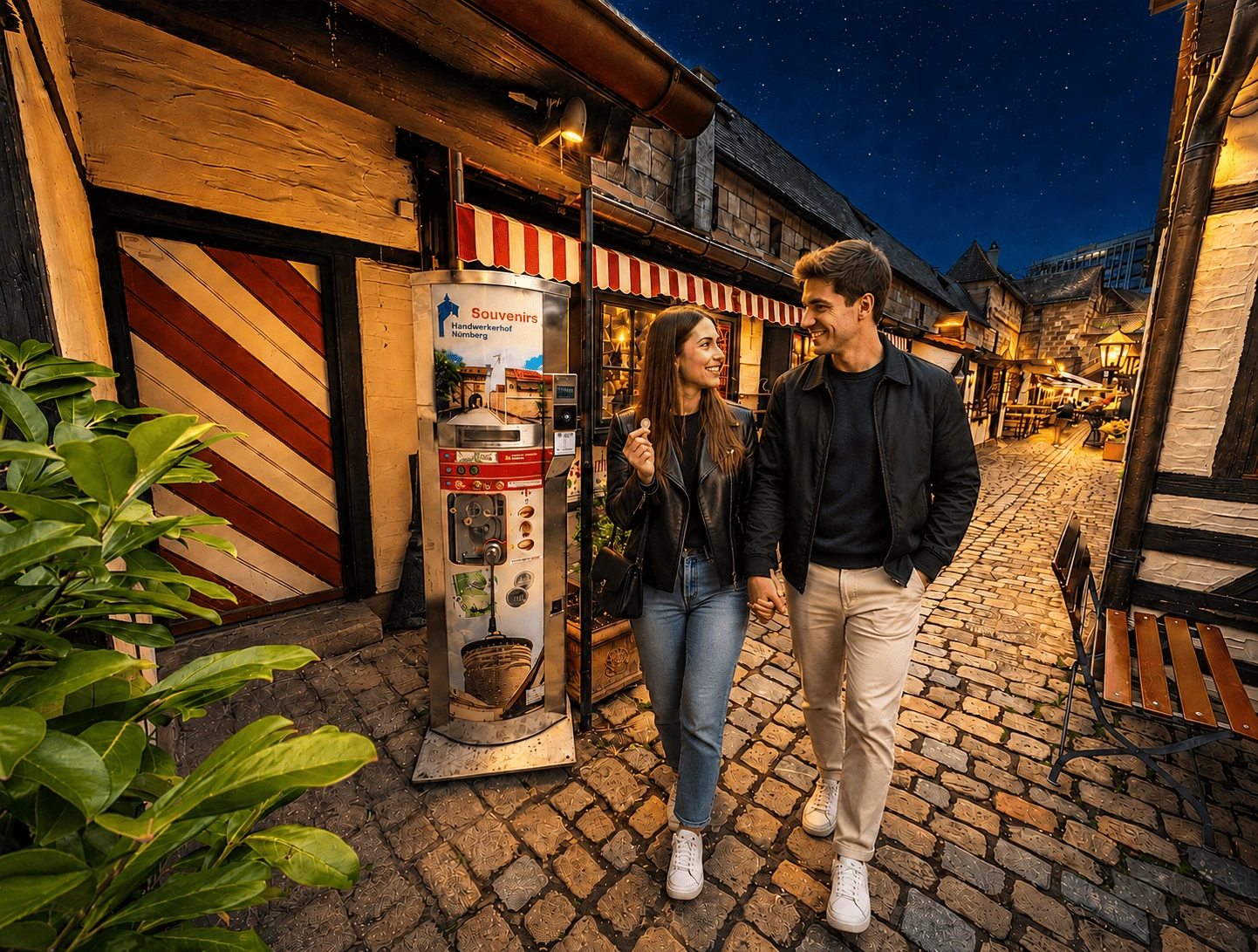 Couple next to a souvenir coin machine at Nuremberg Handwerkerhof