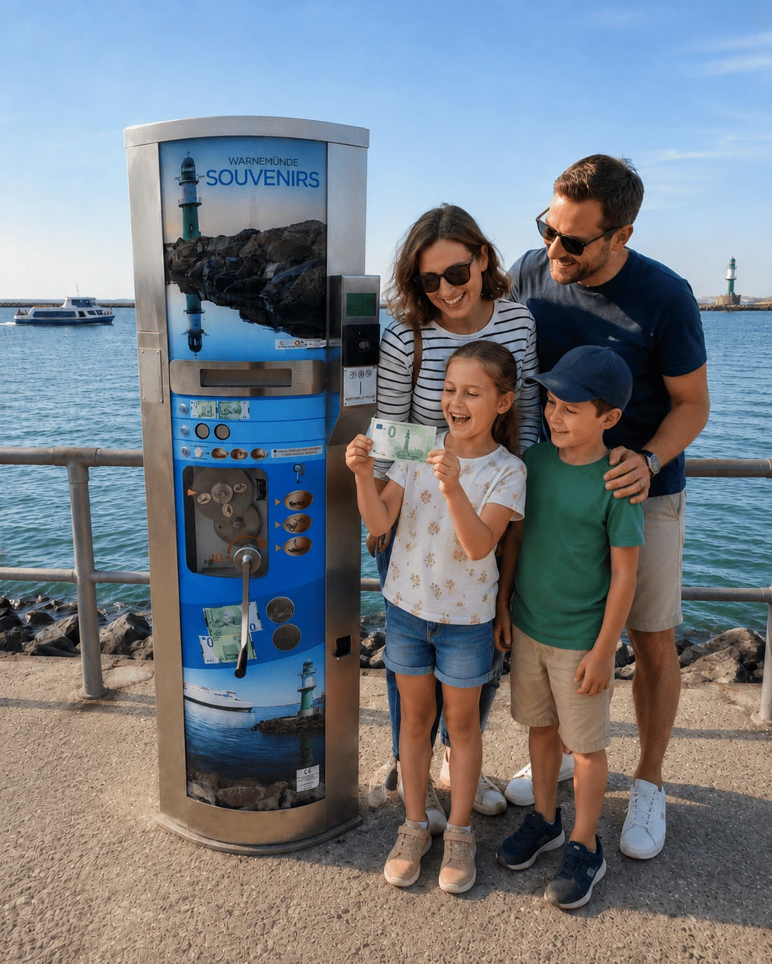 Family using a souvenir coin machine in Warnemünde