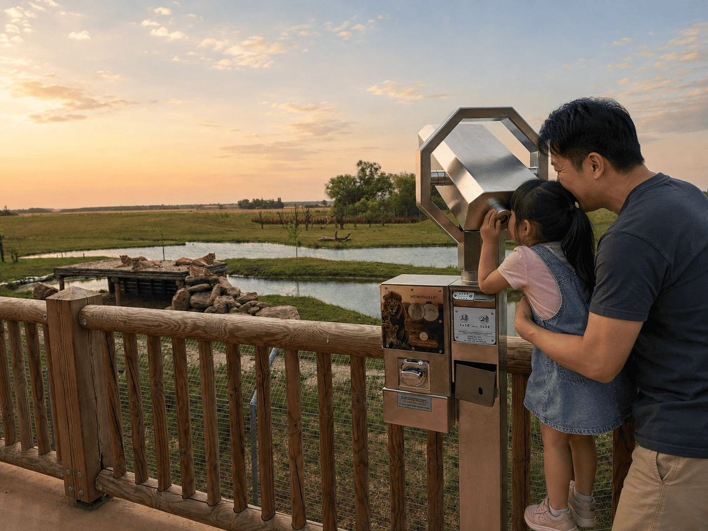 Father helping his daughter use a coin-operated telescope at a wildlife park